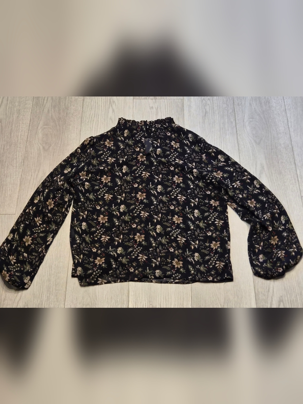 SHEIN Black Floral Mock Neck Long Sleeve Blouse